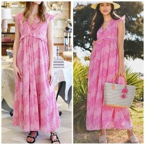 Banjanan Constance Cotton Ruffle V-Neck Short Sleeve Cotton Maxi Dress Pink